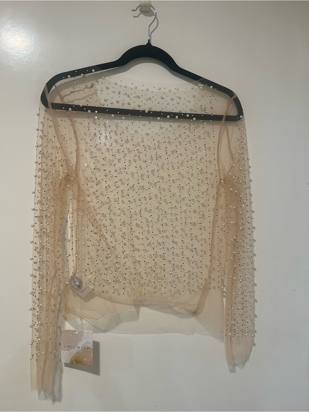 Chicwish Nude Pearl & Crystal Embellished Sheer Long-Sleeve Top - Picture 4 of 6